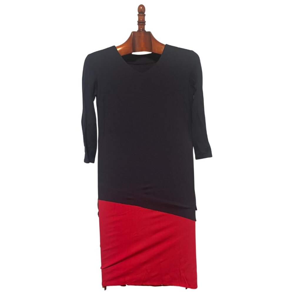 Deep Navy & Red Crew Neck Loose Fit Maxi Dress – Soft Stretch Knit